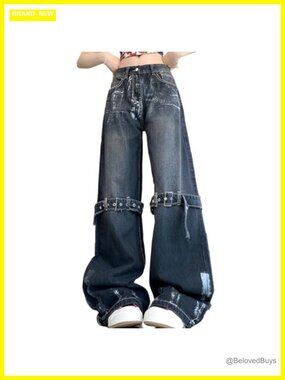 Straight Wide Leg Jeans with Straps Tie-Dye Trim Denim Pants